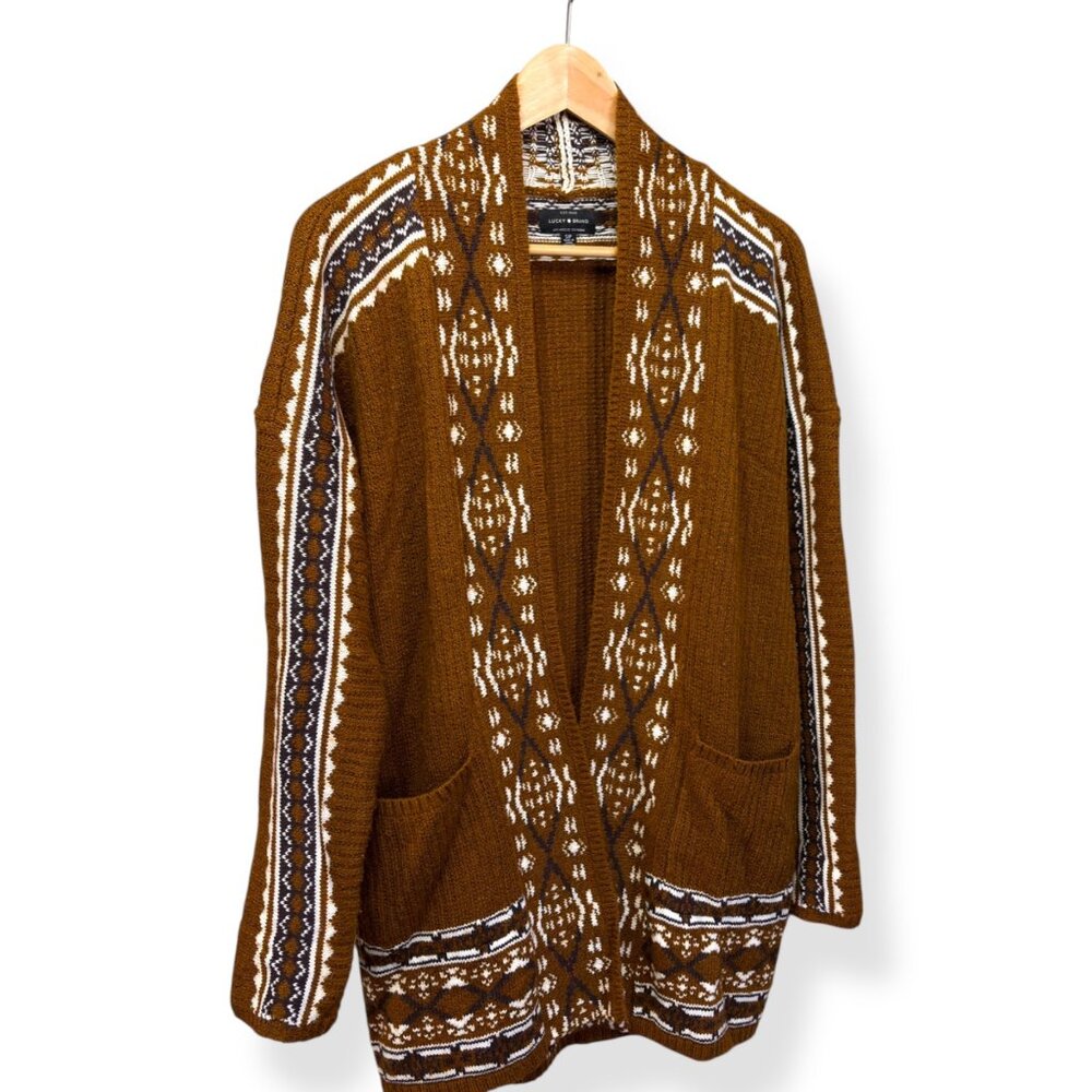 Lucky Brand Women’s Aztec Geo Cardigan Open Knit Oversized Southwest Sz S Boho